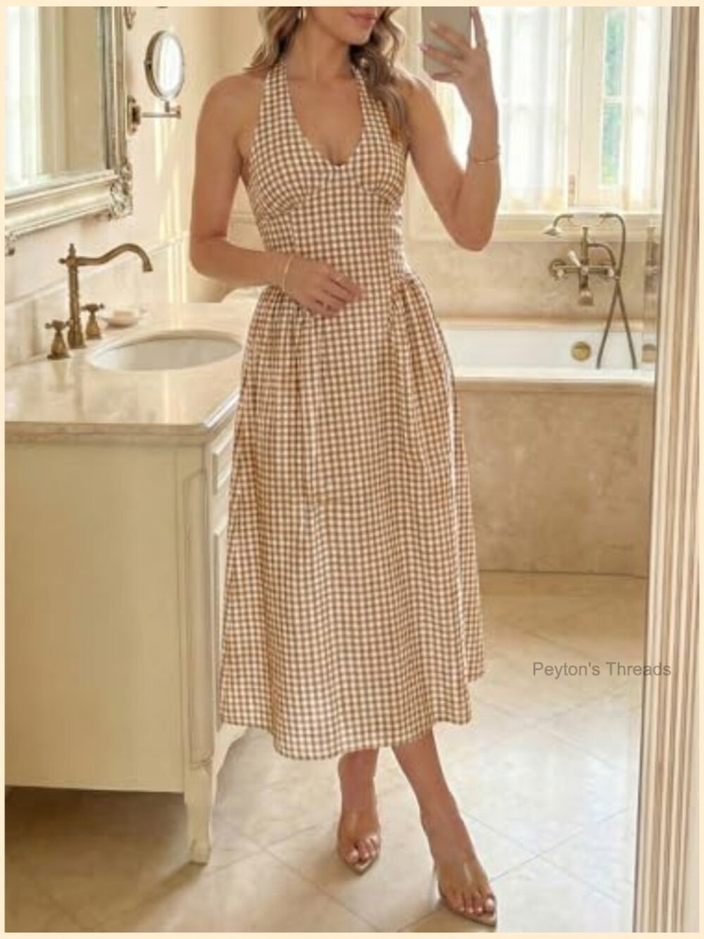 Halter V Neck Corset Maxi Dress Plaid Smocked Tie Back Backless Drop Waist - Picture 5 of 7